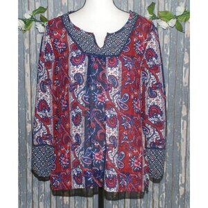 Dressbarn Ladies Red & Blue Blouse Size L Sheer Long Sleeve V-Neck Paisley Print